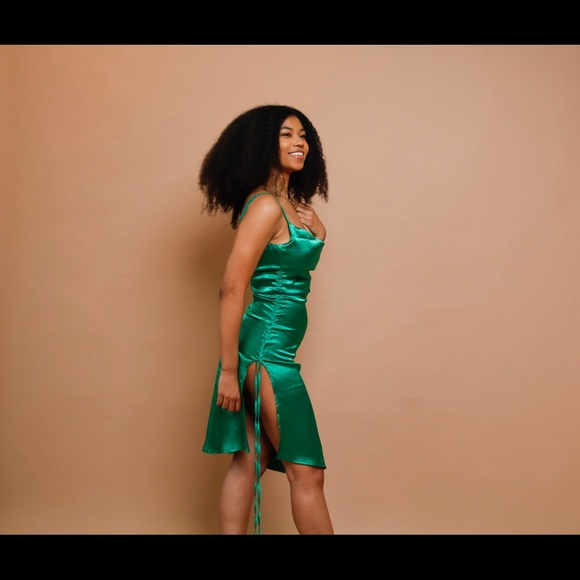 Emerald Satin Mini Dress |Adjustable Straps/Slit Detail/Holiday Party–Size S M L - Picture 5 of 13